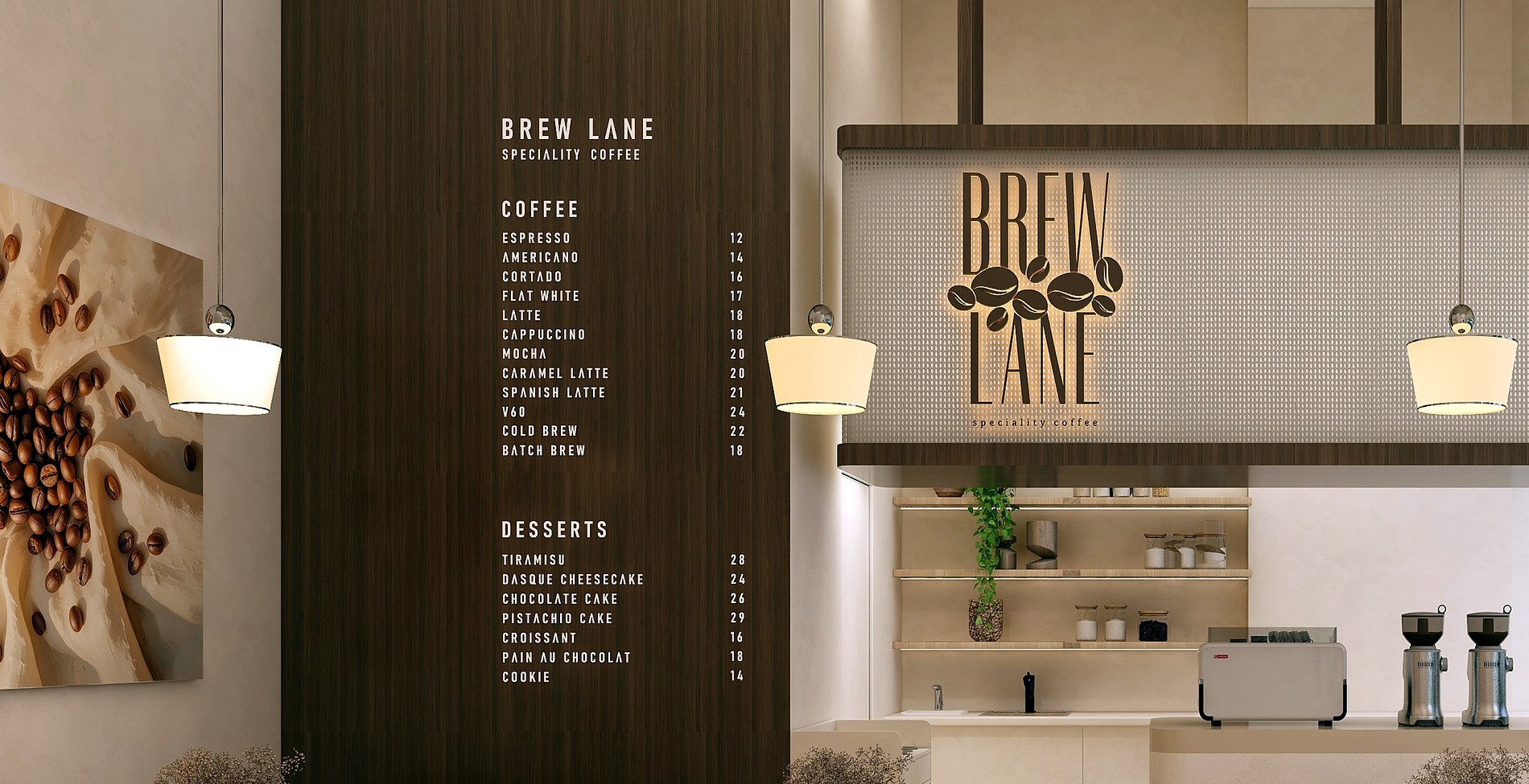 Interior of Brew Lane Cafe, showing the dining area and coffee bar