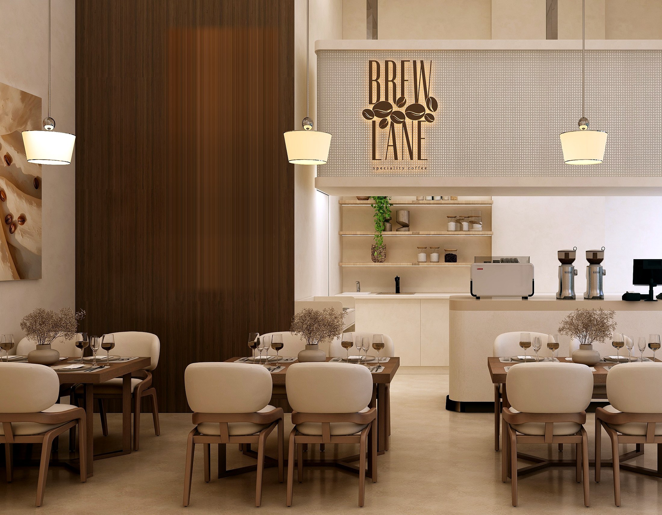 Interior render of Brew Lane Cafe, showing the coffee bar and dining area